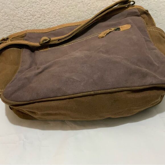 Myra Bag Handmade two tone Messenger Bag Upcycled Canvas & Cowhide Leather - Picture 9 of 15